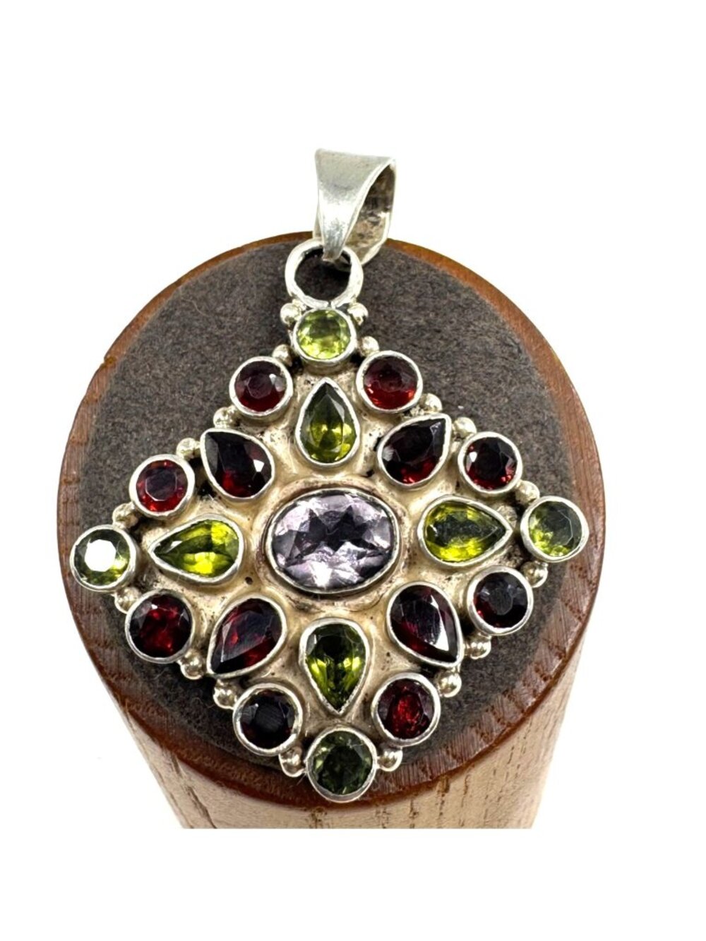 VTG Sterling Silver 925 Multi Gemstone Bezel Set Pendant Size 2" Length